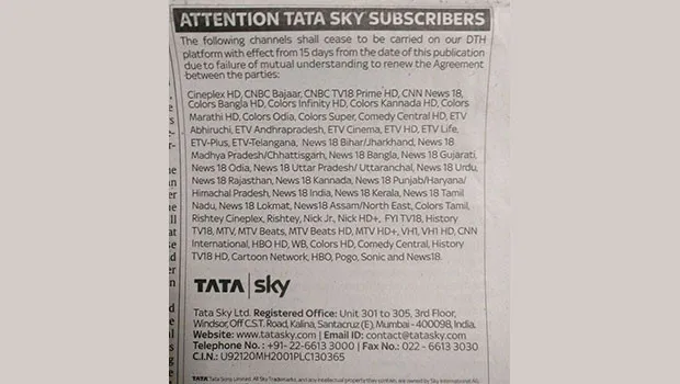 Tata Sky's public notice says Network18 and Viacom18 channels to be  discontinued: Best Media Info